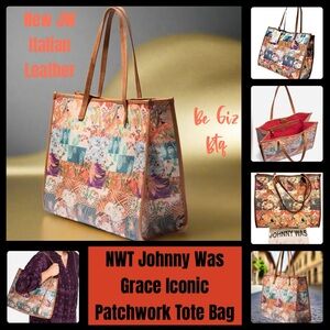 🆕 Johnny Was Grace Iconic Patchwork Tote Bag Tan Leather Iconic Patchwork Design